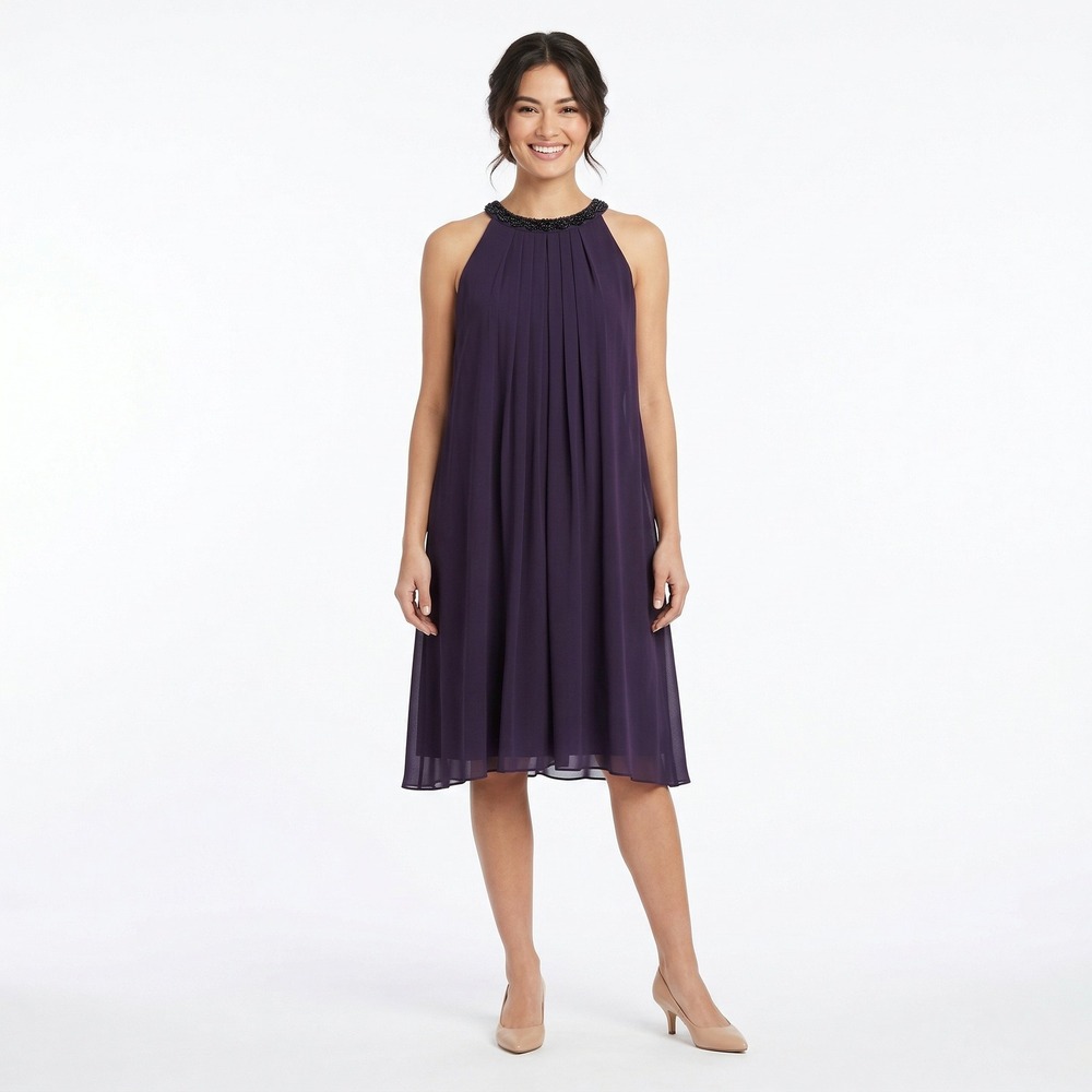 SLNY Plum Beaded Halter Pleated Chiffon Midi Gown Formal Wedding Guest Sz 12